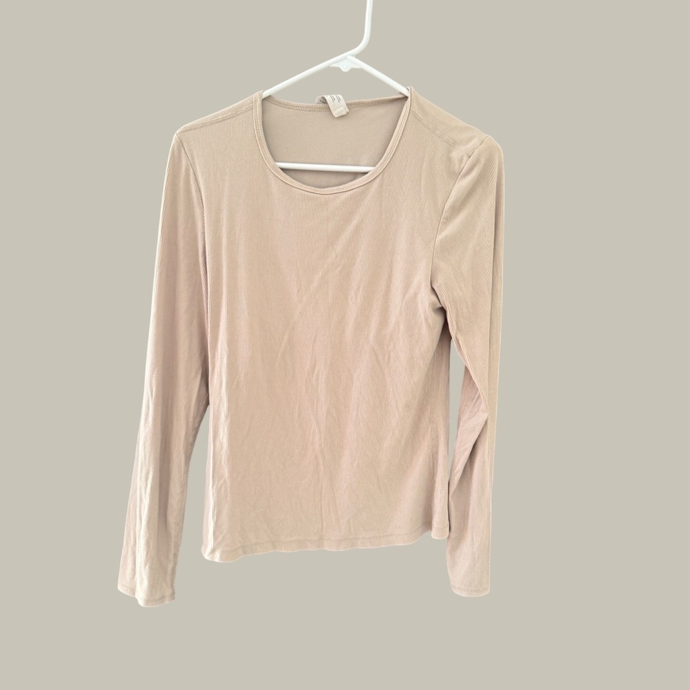 Yogalicious Heavenly Rib Kathleen Long Sleeve Top Beige Ribbed Shelf Bra Large